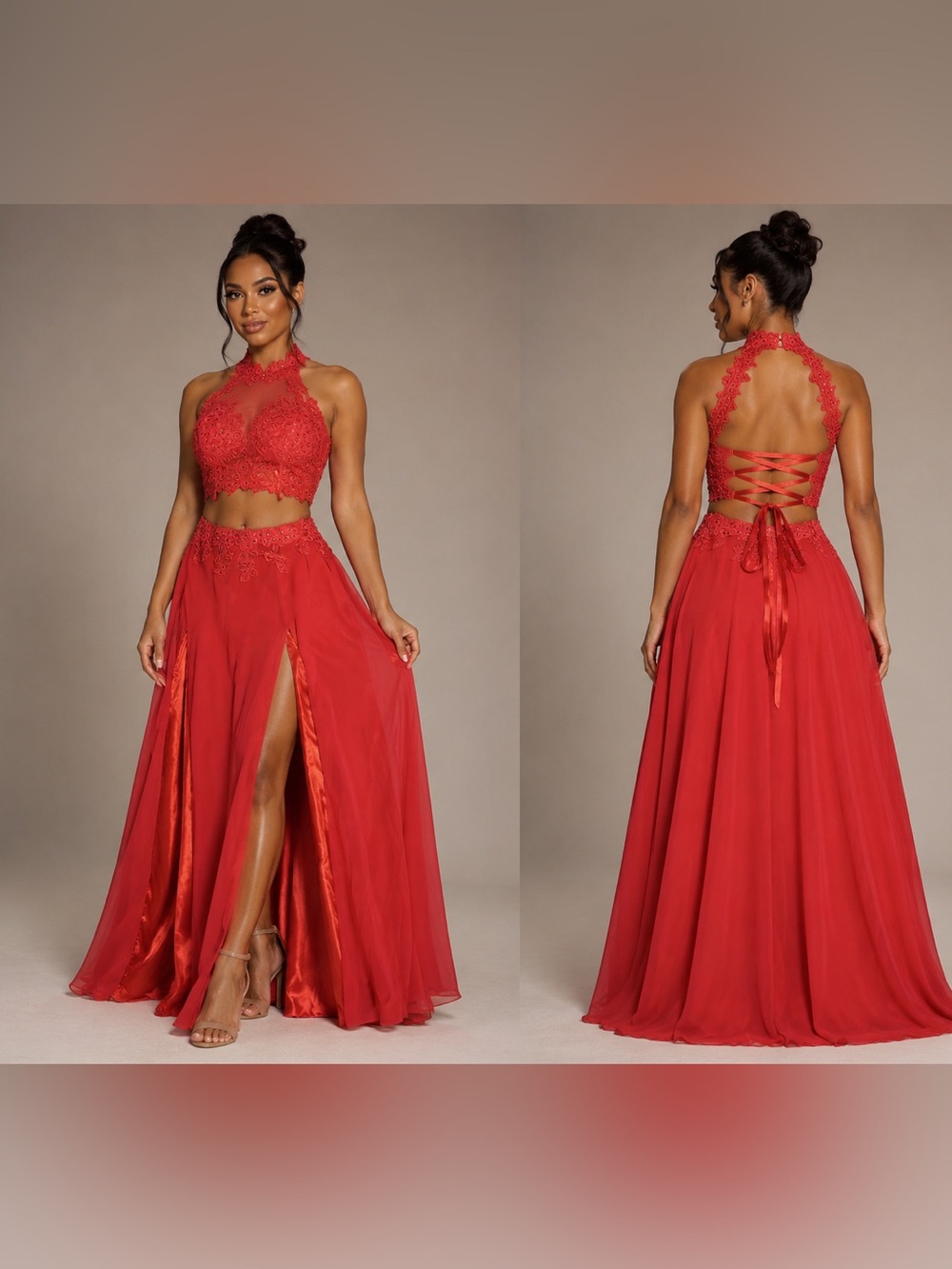 Faviana Glamour Red 2 Piece Prom Dress Size 6 Lace Halter Crop Top Maxi Skirt